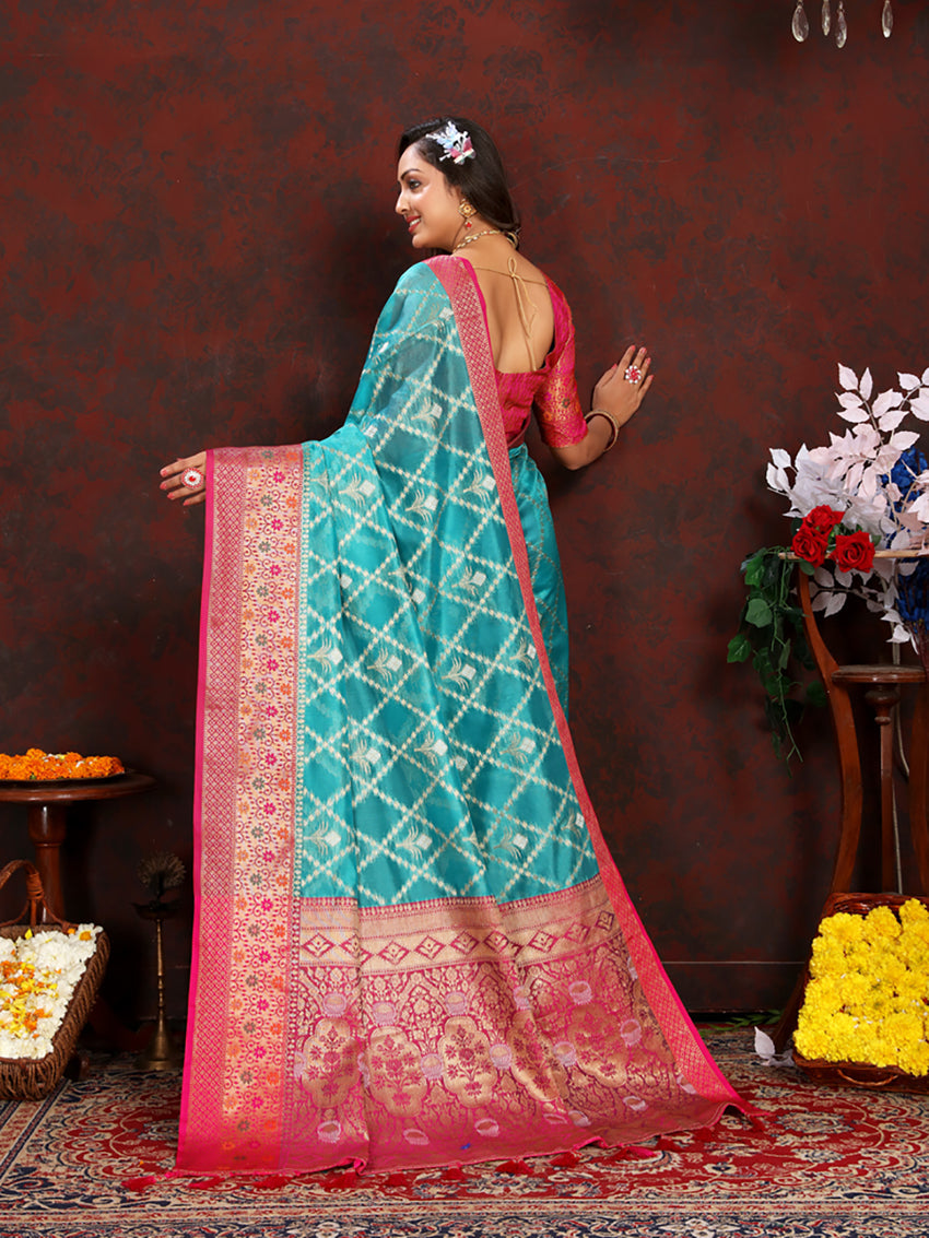 Lorenvalley Fashion Firozi Organza Silk Woven Design with Rich Meenakari Weaving Pallu Saree - Swadesiicart