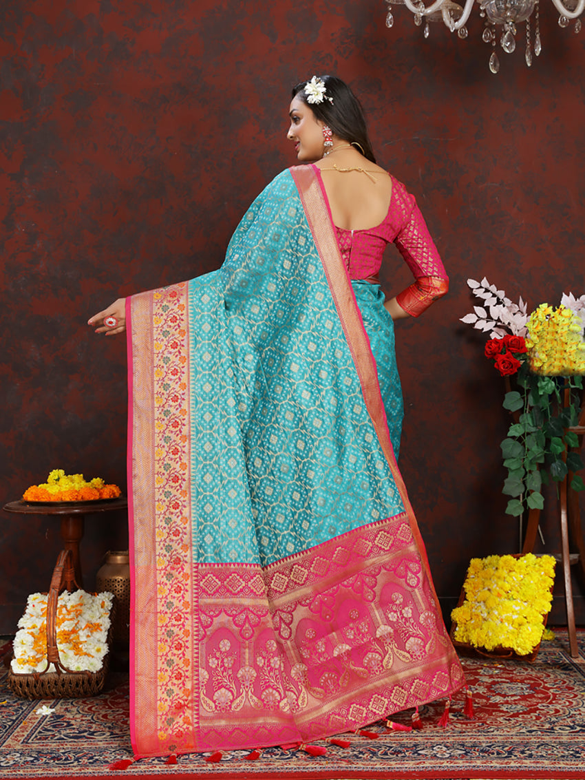 Lorenvalley Fashion Firozi Organza Silk Woven Design with Rich Meenakari Weaving Pallu Saree - Swadesiicart