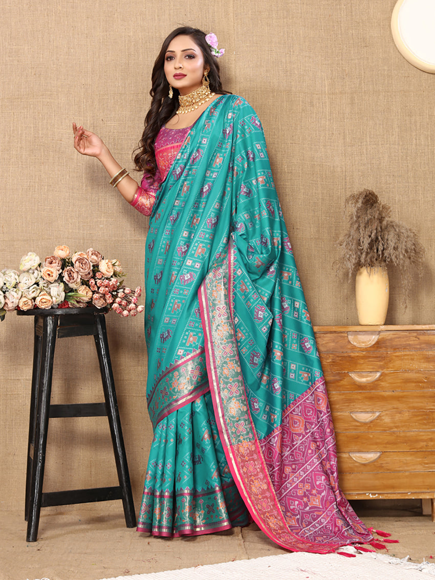 Lorenvalley Fashion Firozi Patola Silk Woven Design with Zari Meenakari Weaving motifs motifs Pallu Saree - Swadesiicart
