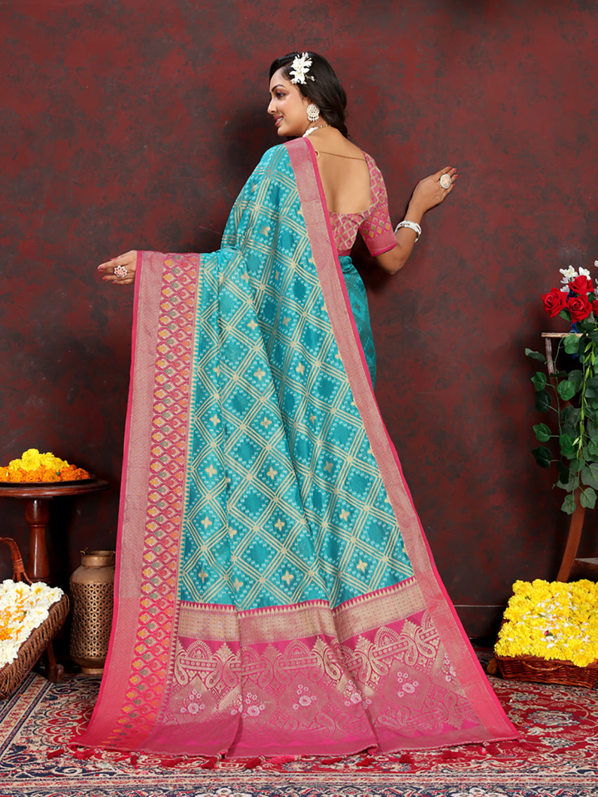 Lorenvalley Fashion Firozi Organza Silk Woven Design with Rich Meenakari Weaving Pallu Saree - Swadesiicart