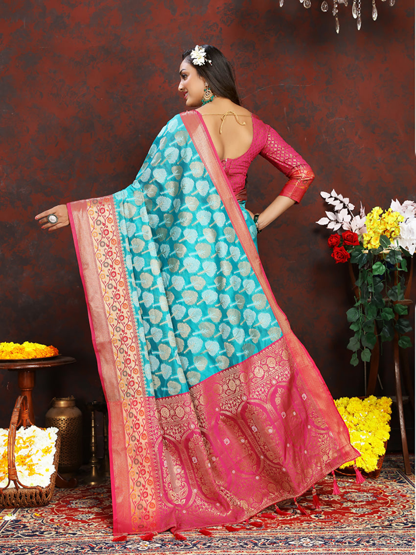 Lorenvalley Fashion Firozi Organza Silk Woven Design with Rich Meenakari Weaving Pallu Saree - Swadesiicart