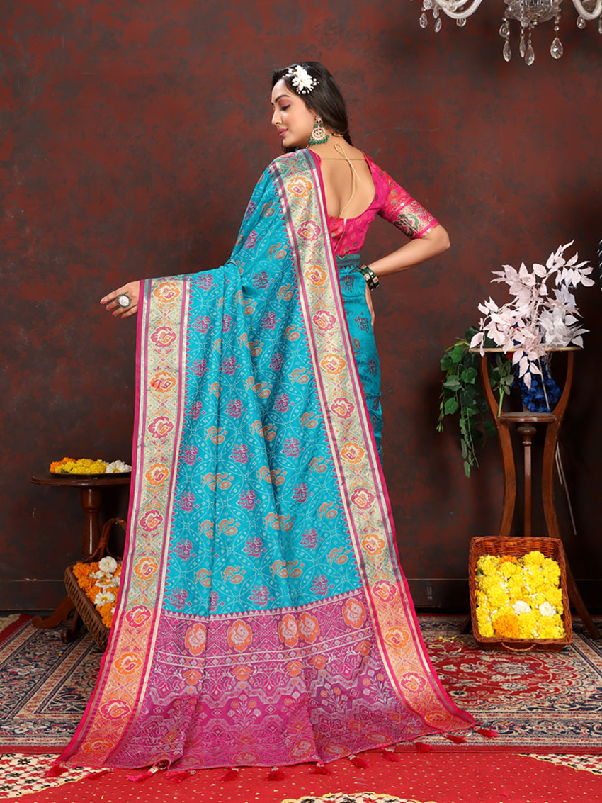 Lorenvalley Fashion Firozi Patola Silk Woven Design with Zari Meenakari Weaving motifs motifs Pallu Saree - Swadesiicart