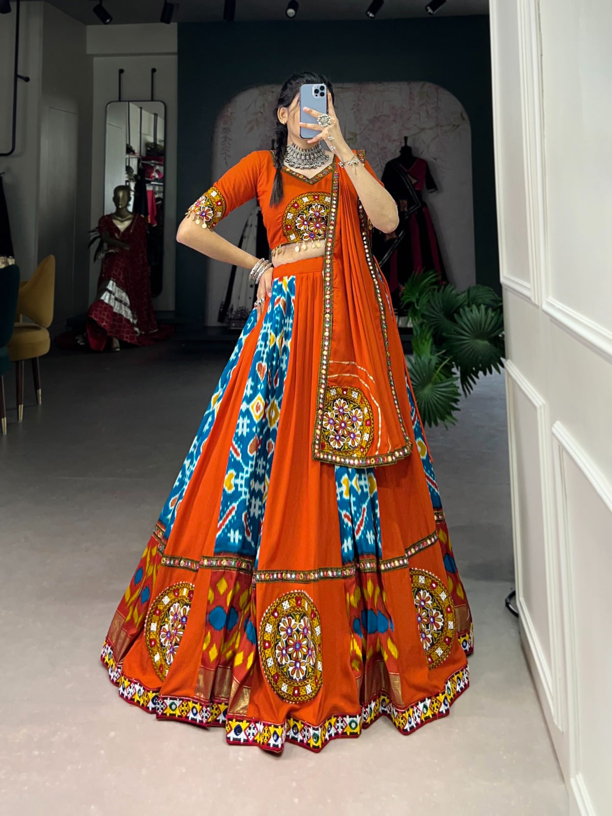 Lorenvalley Firozi Rayon and Printed Silk with Plain And Printed With Original Mirror Gamthi Work And Gamthi Patch Work Lehenga Choli | Swadesiicart