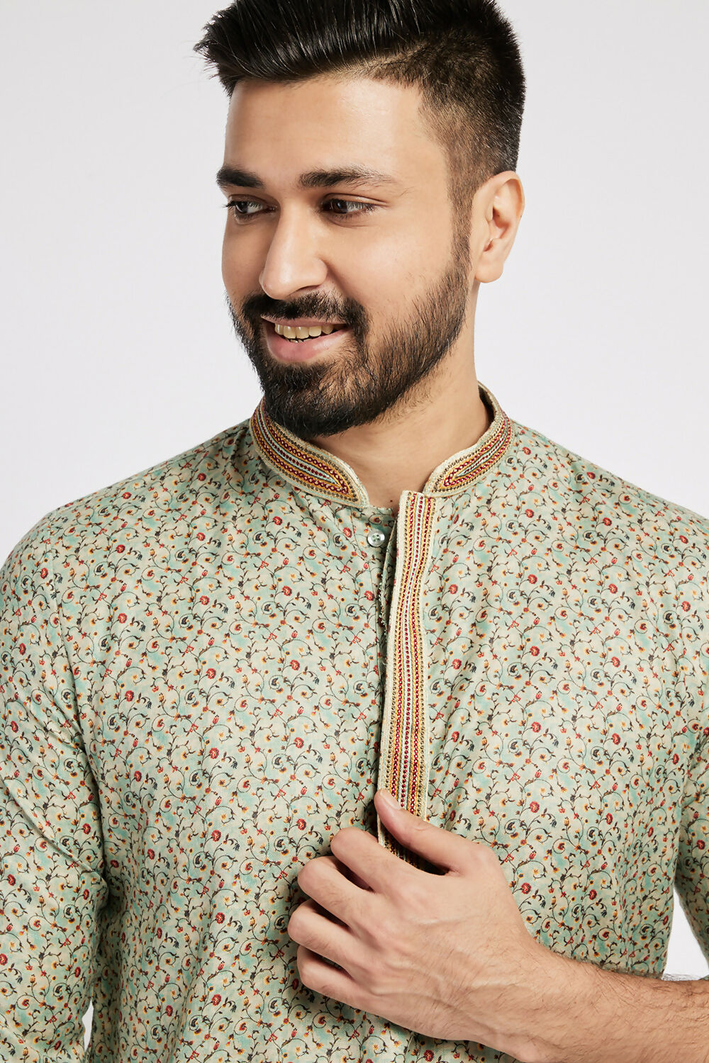 Ethnic India Blue Men's Kurta Floral Polyester | Swadesiicart