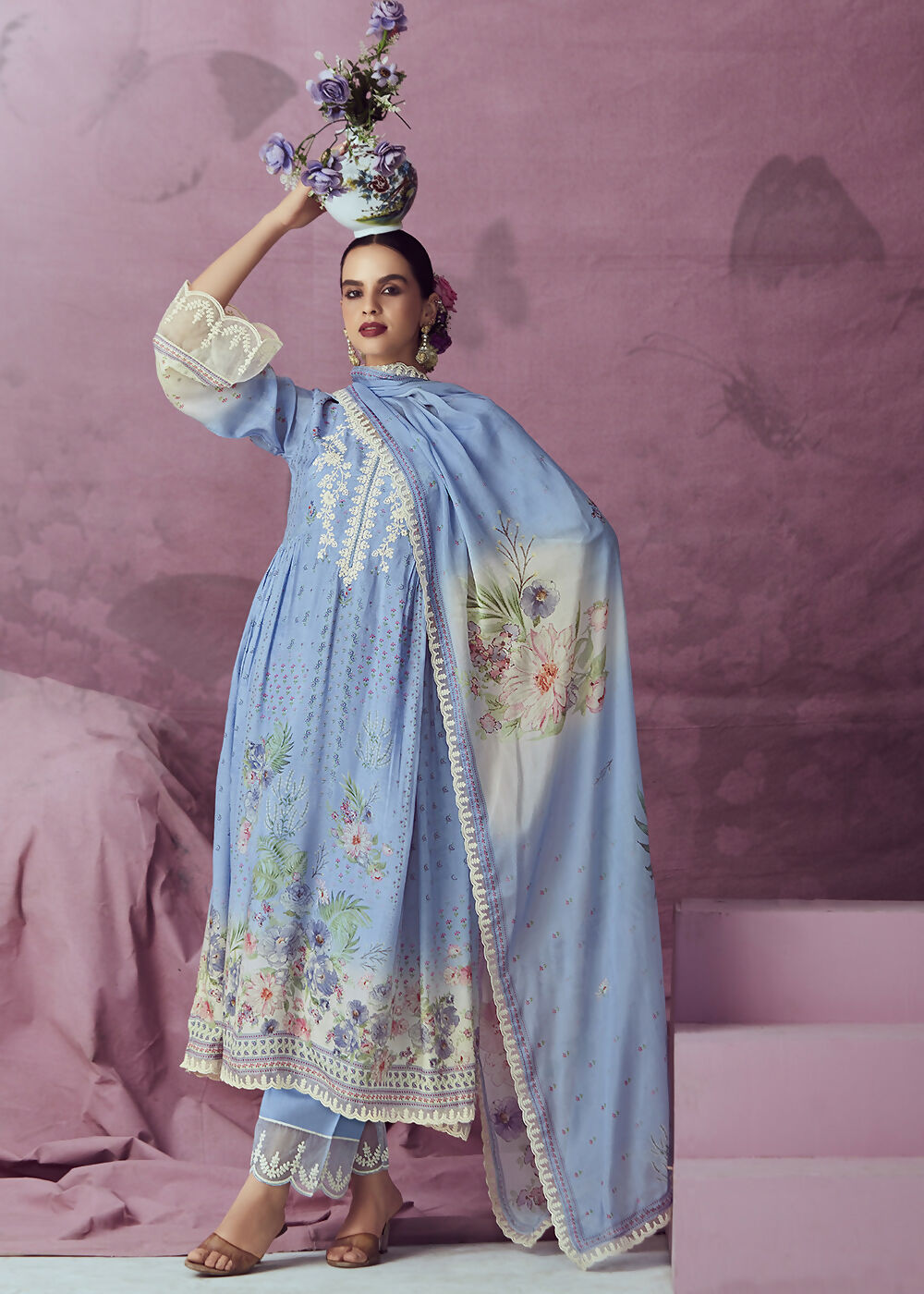 Pretty Blue Muslin Cotton Printed Trendy Salwar Kurta Set - Emponline | Swadesiicart
