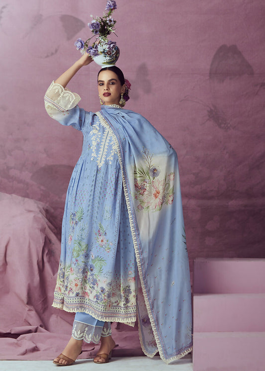 Pretty Blue Muslin Cotton Printed Trendy Salwar Kurta Set - Emponline | Swadesiicart