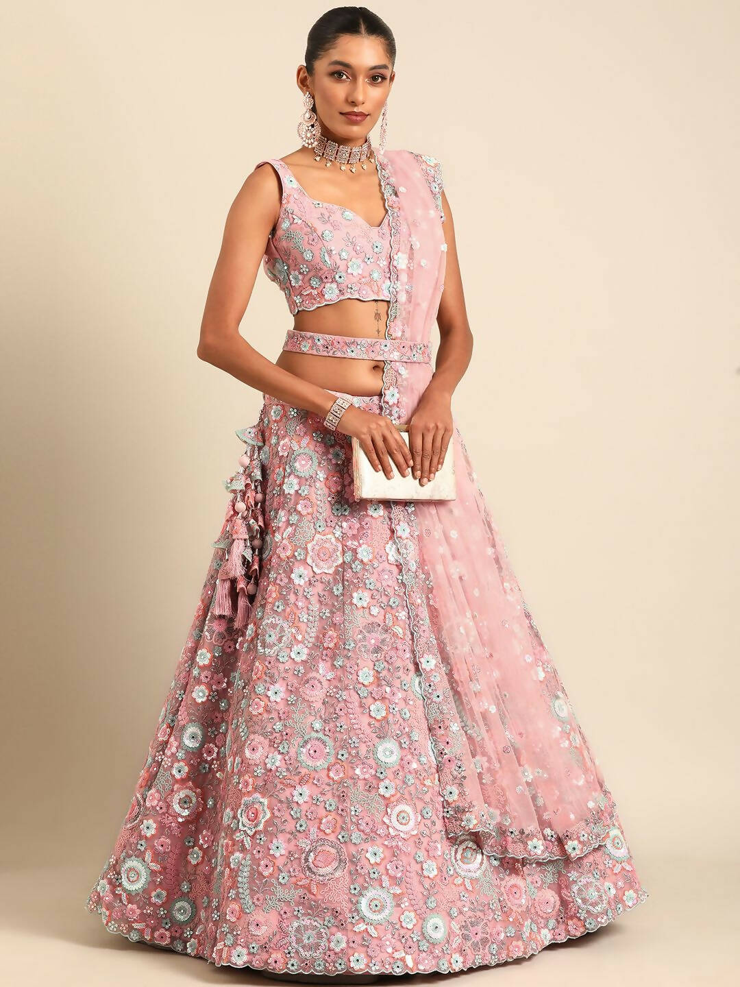 House of Panchhi Pink Net Sequins, Mirror and thread embroidery Lehenga choli & Dupatta | Swadesiicart