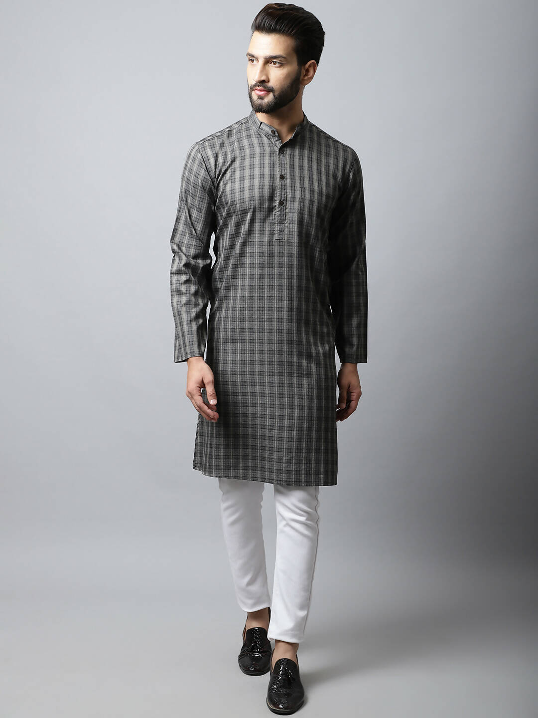 Even Apparels Brown Color Cotton Checked Men's Kurta With Band Collar (CHK1157) | Swadesiicart