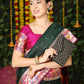 Vishnu Weaves Women's Bottle Green Paithani Silk Zari Woven Saree with Unstitched Blouse - Swadesiicart