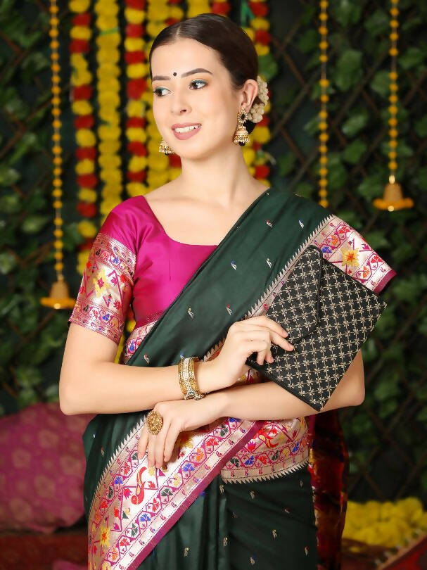 Vishnu Weaves Women's Bottle Green Paithani Silk Zari Woven Saree with Unstitched Blouse - Swadesiicart