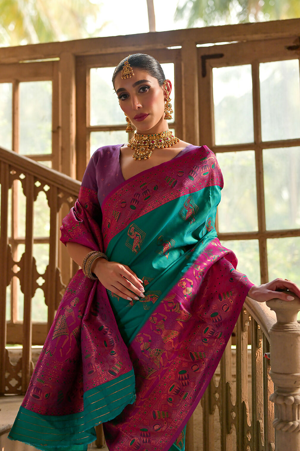 Vishnu Weaves Women's Rama Banarasi Silk Kalamkari Zari Woven Saree with Blouse - Swadesiicart