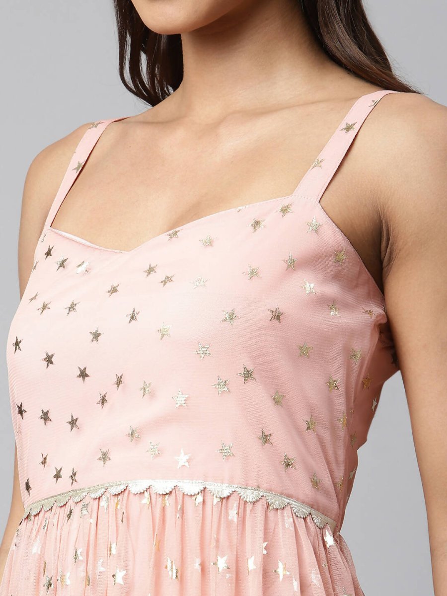 Ahalyaa Women Pink Net Gold Foil Print Dress | Swadesiicart