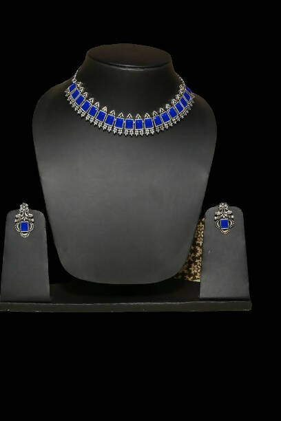 Artificial Stone Studded Oxidized Necklace Blue Jewellery set with 1 Pair of Earrings By House of Ree - Swadesiicart