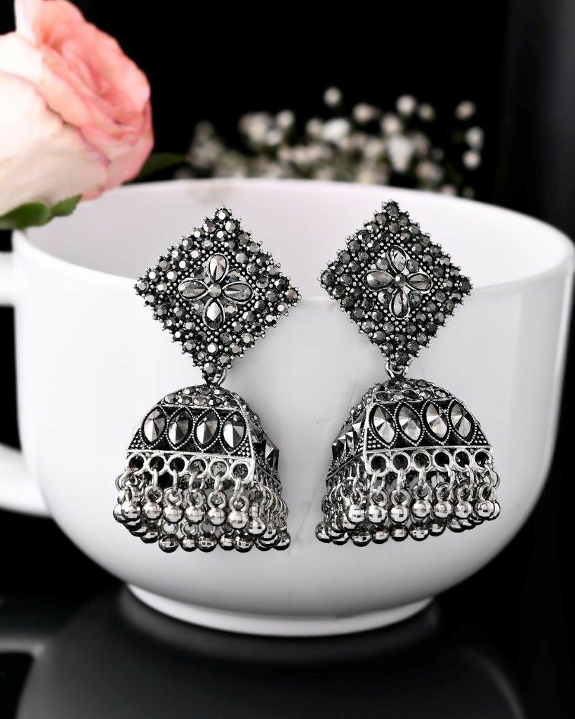 VOJ Black-Toned AD Studded Dome Shaped Jhumkas Earrings - VOJ (Valley Of Jewellery)