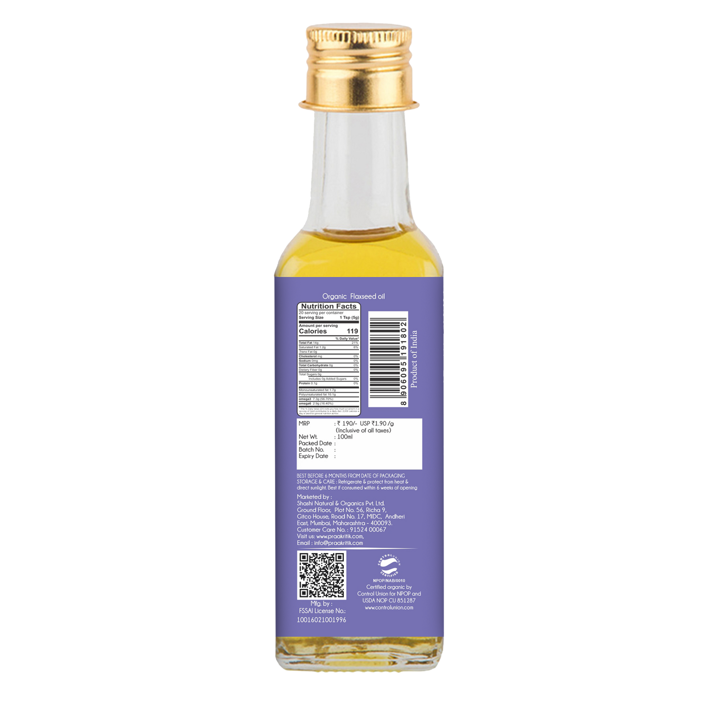Praakritik Organic Flaxseed Oil - Swadesiicart