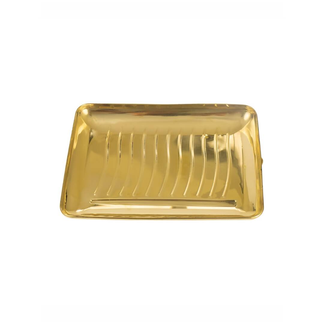 Spillbox Gold-Toned Brass Rectangular Lines Thali Pooja Essential | Swadesiicart