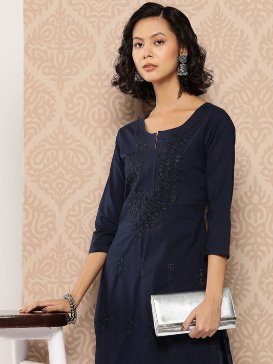 Yufta Floral Embroidered Chikankari Cotton Kurta - Swadesiicart