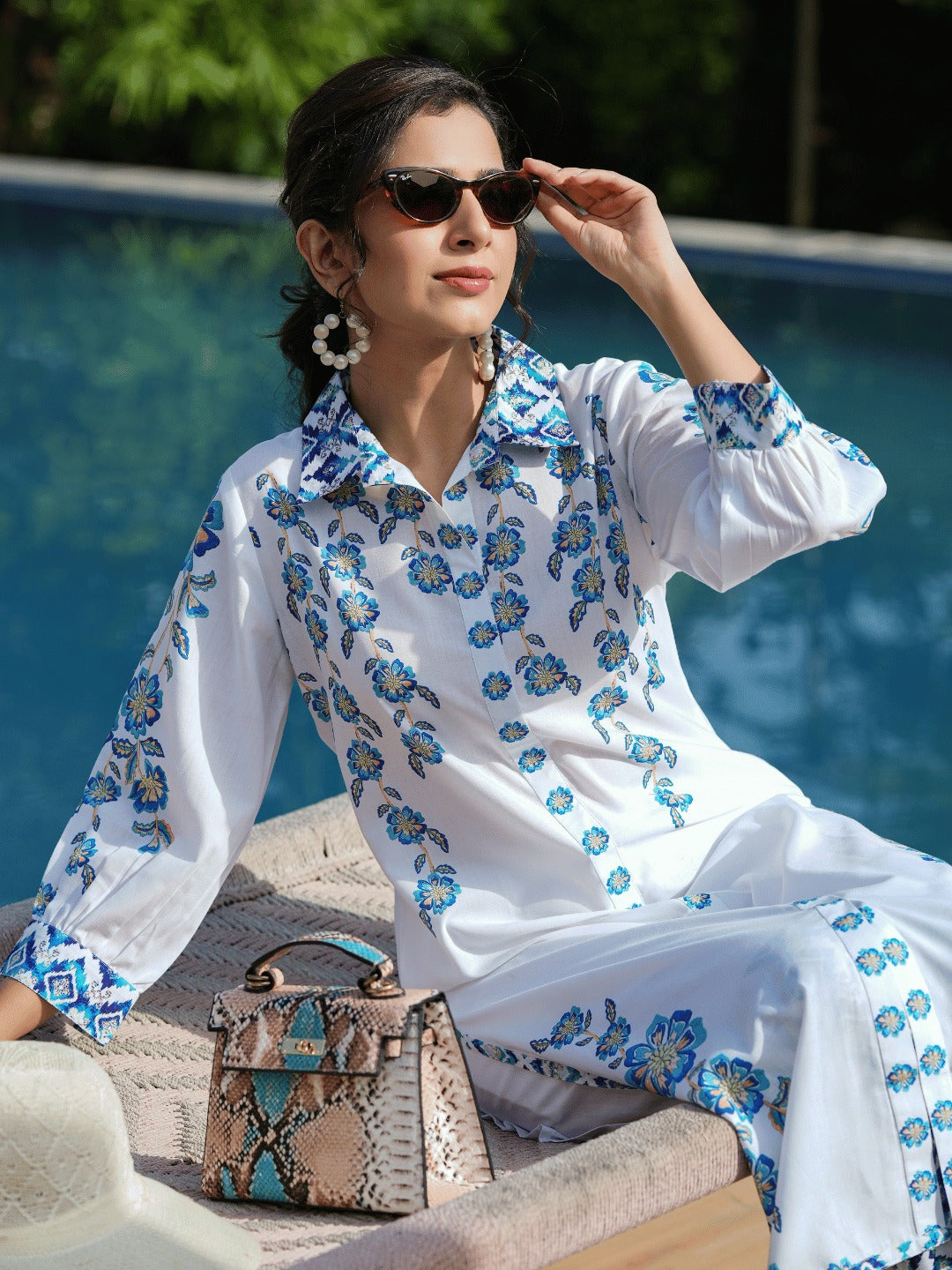 Yufta Blue White Printed Pure Cotton Kurta with Trousers - Swadesiicart