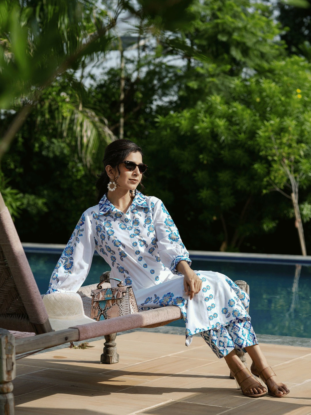Yufta Blue White Printed Pure Cotton Kurta with Trousers - Swadesiicart