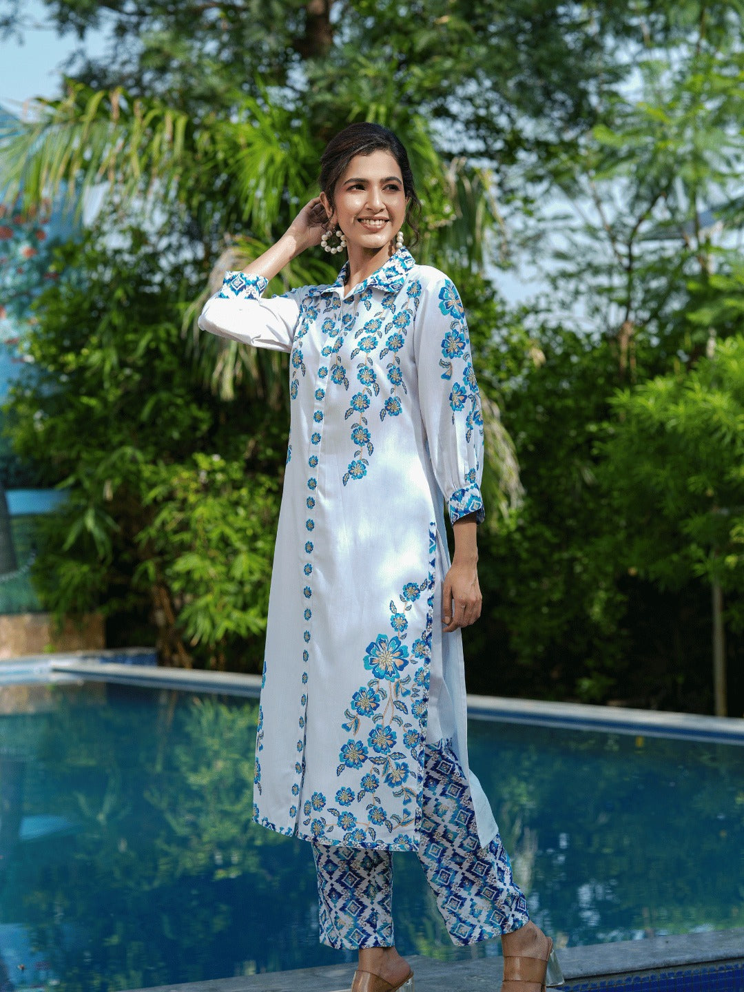 Yufta Blue White Printed Pure Cotton Kurta with Trousers - Swadesiicart