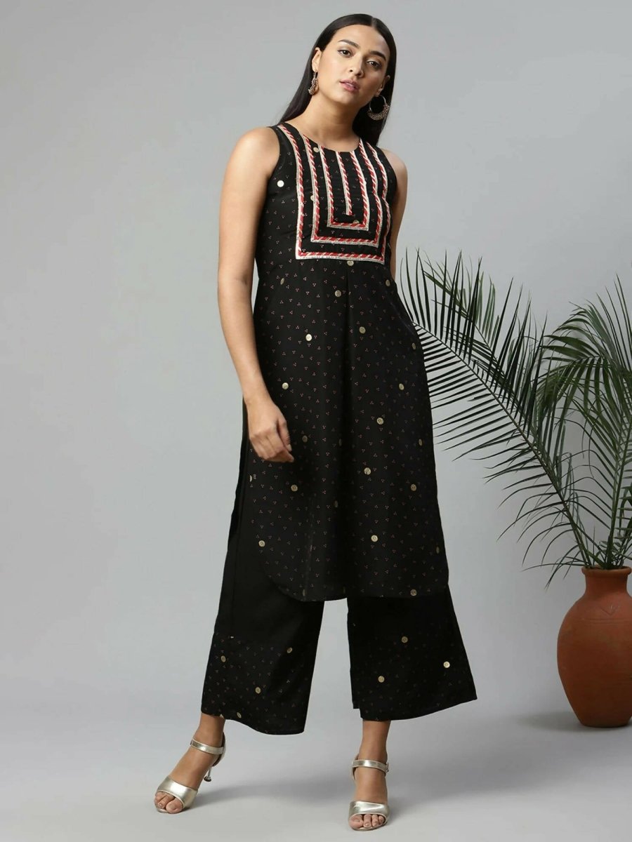 Ahalyaa Womens Black Crepe Printed Kurta Palazzo Set | Swadesiicart