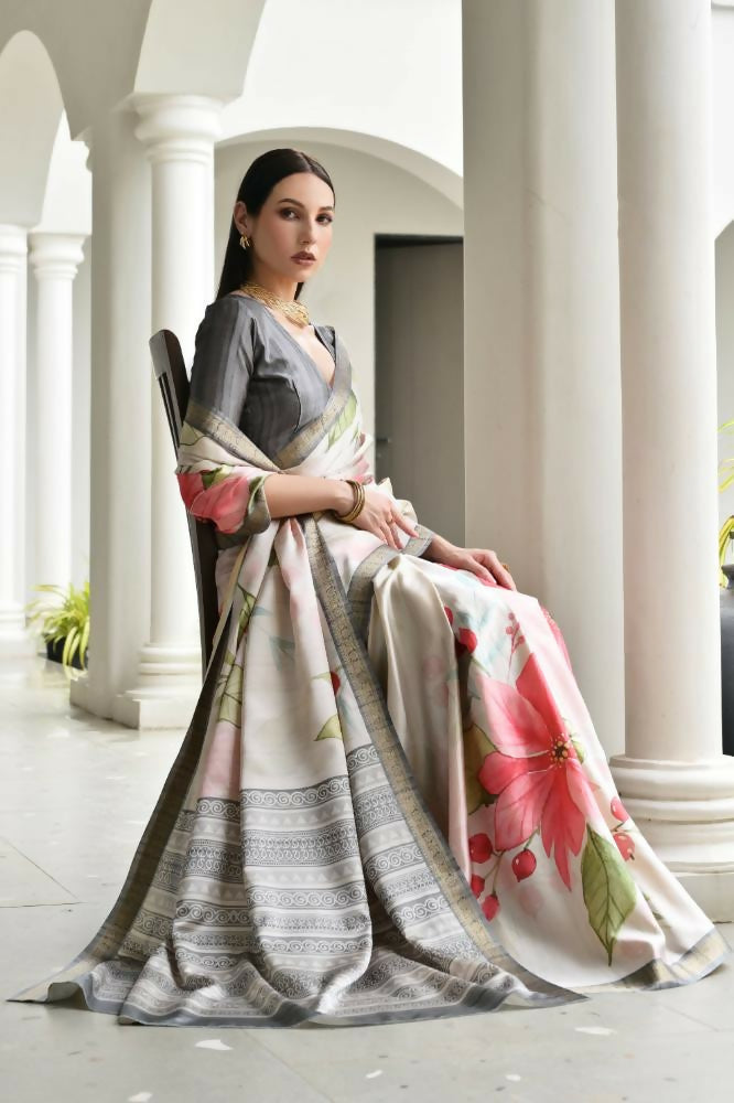 Vishnu Weaves Women's Grey Satin Silk Printed Saree with Blouse - Swadesiicart