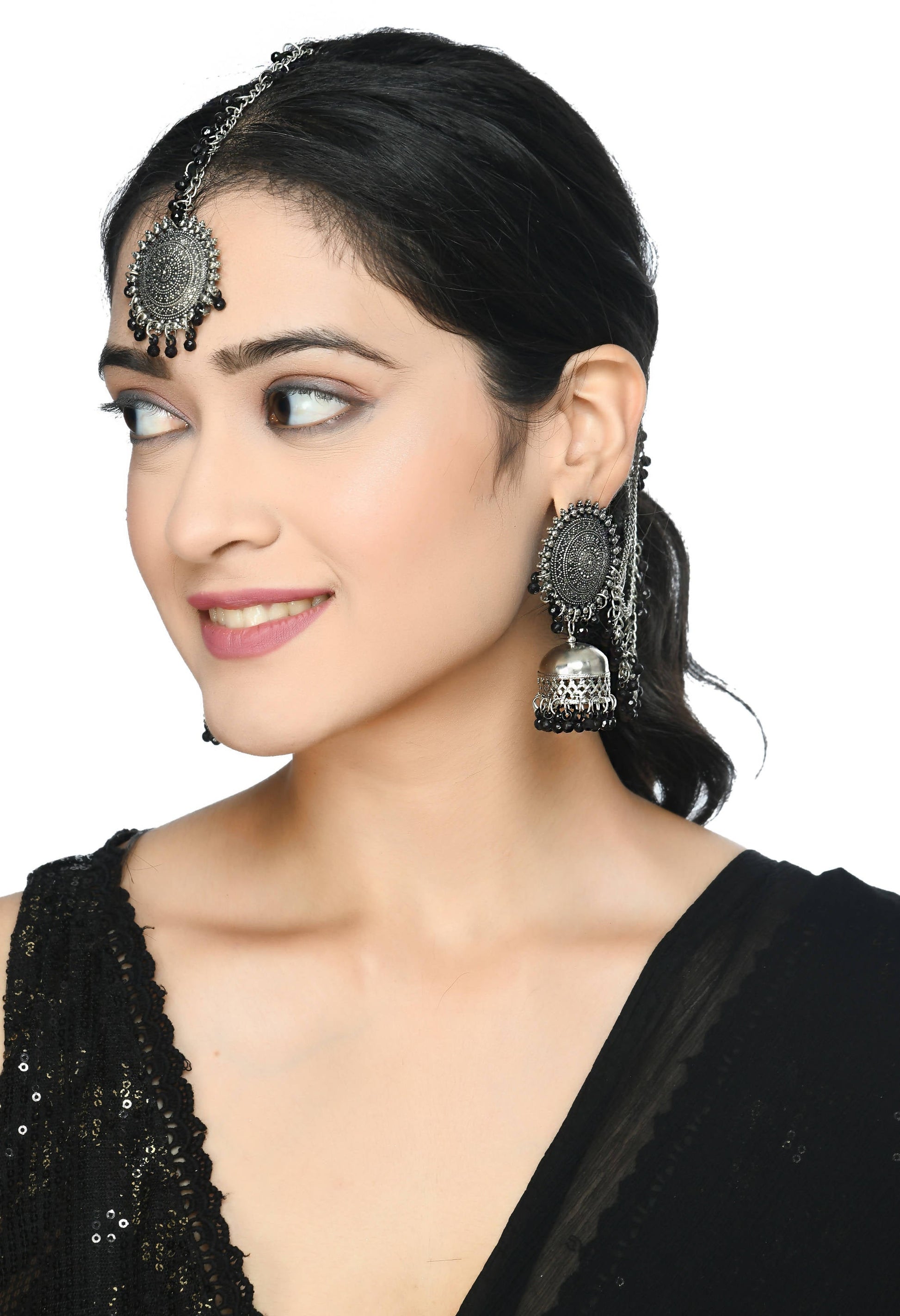 Mominos Fashion Johar Kamal Bahubali Black Beads Earrings With Tikka - Swadesiicart