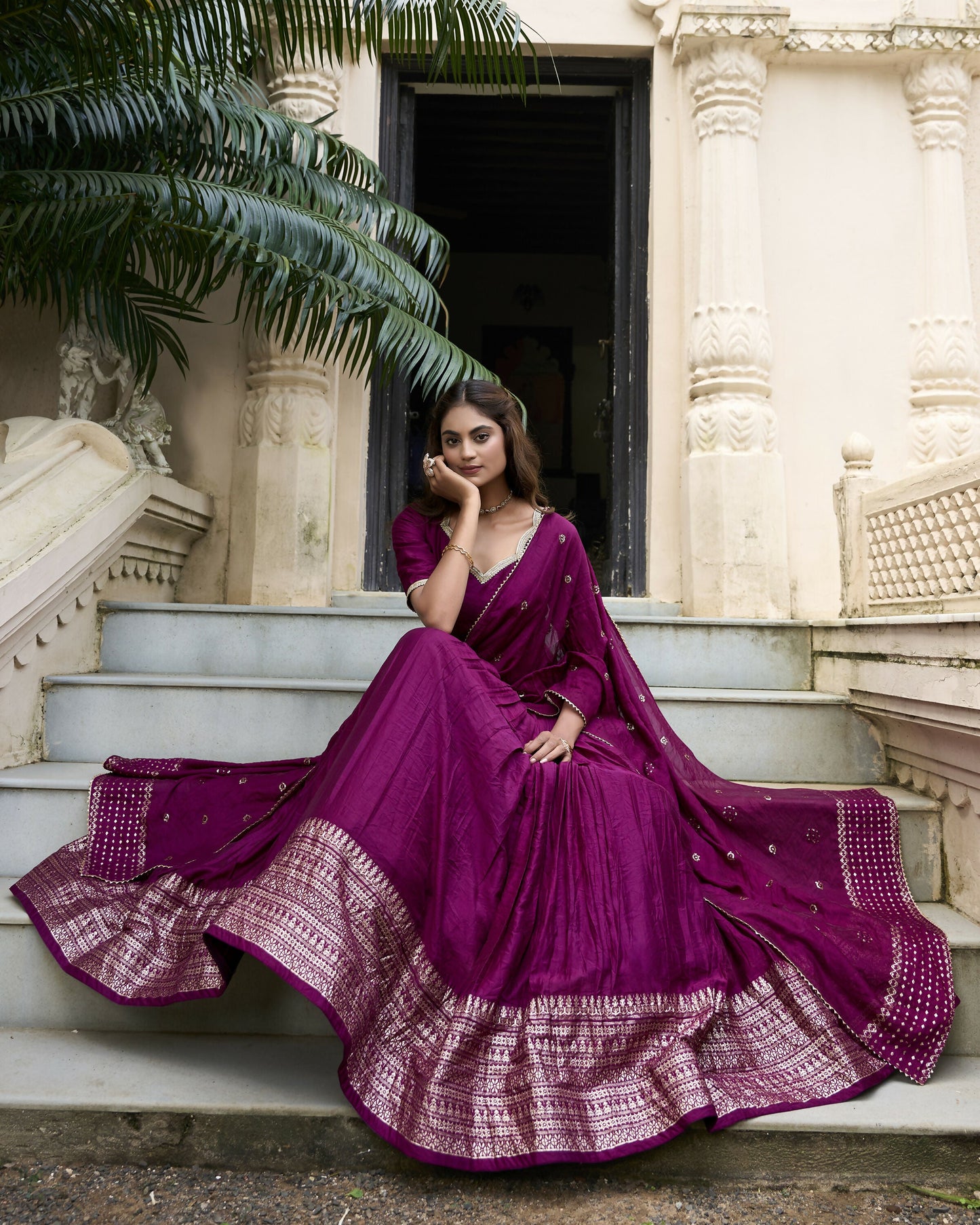 Lorenvalley Wine Pure Chanderi Plain With Zari Weaving Work Border Lehenga Choli | Swadesiicart