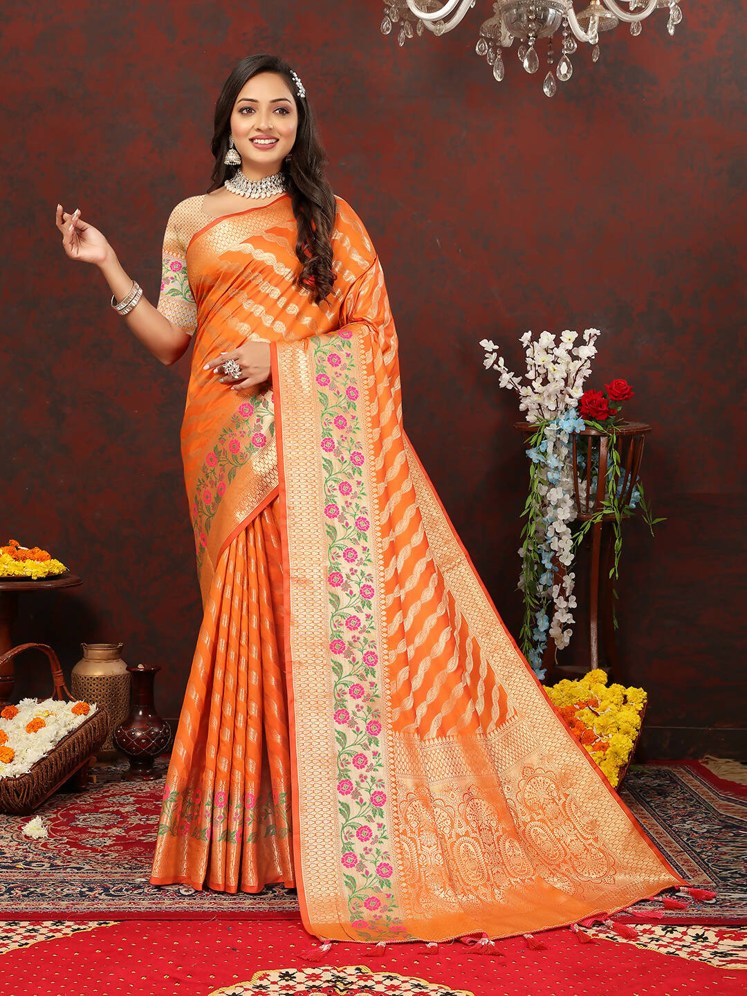 Lorenvalley Fashion Orange Soft Silk Woven Design with Zari Weaving Leheriya Design Saree - Swadesiicart