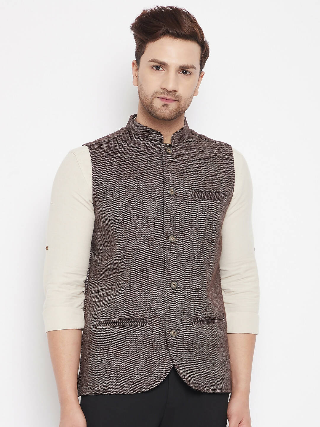 Even Apparels Brown Wool Men Woven Nehru Jacket | Swadesiicart