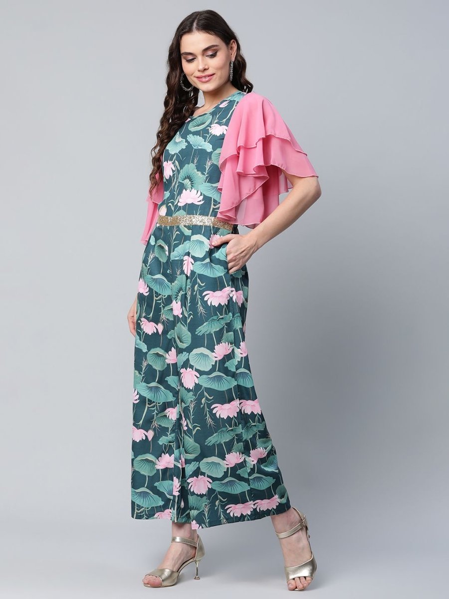 Ahalyaa Women's Dark Green Crepe Printed Jumpsuit | Swadesiicart