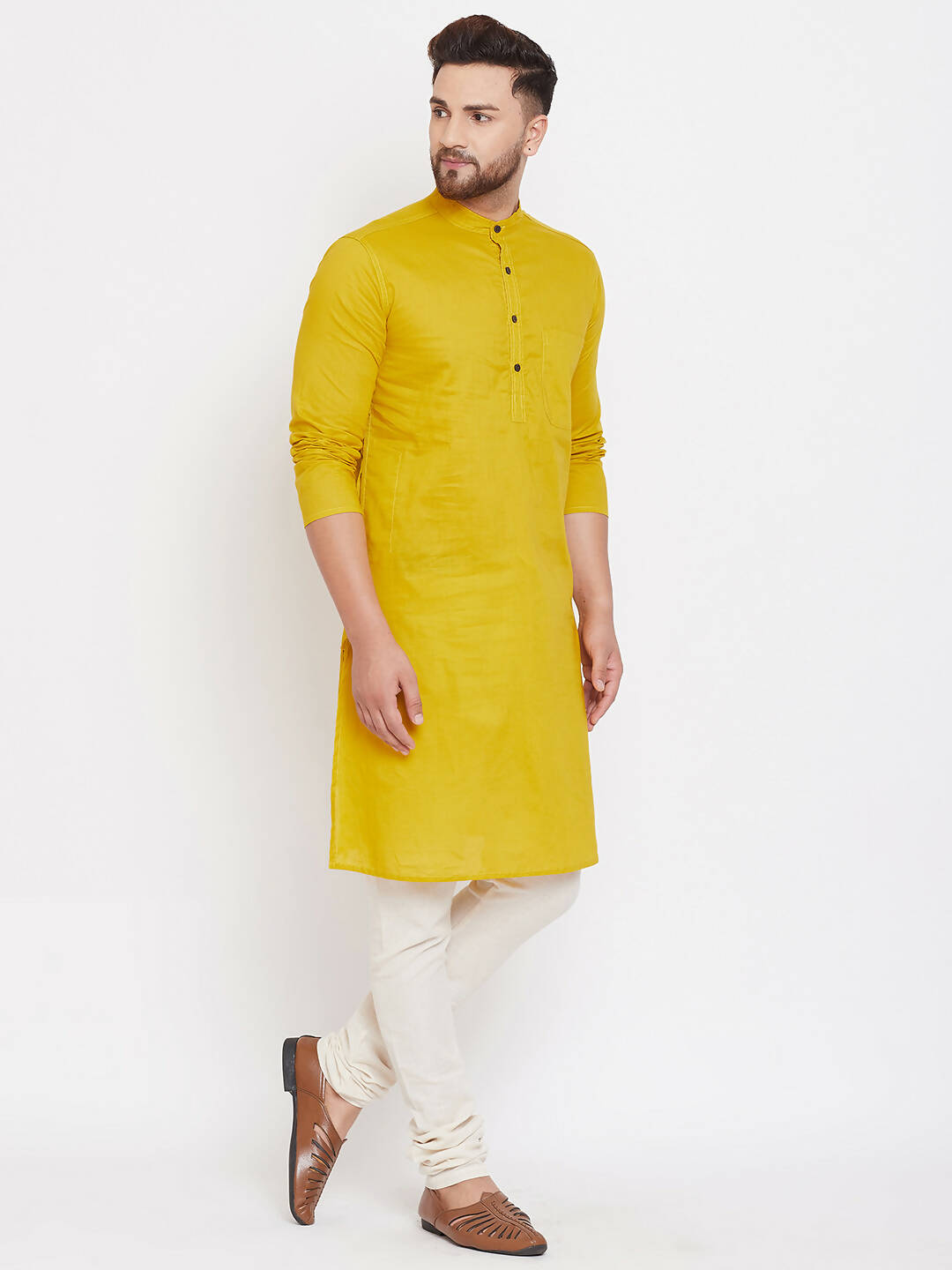Even Apparels Pure Cotton Yellow Men's Kurta With Band Collar | Swadesiicart
