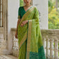 Vishnu Weaves Women's Pista Raw Silk Thread Ikkat Woven Saree with Blouse - Swadesiicart