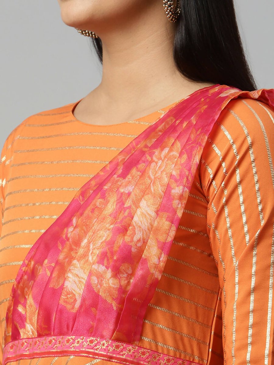 Ahalyaa Women's Orange Crepe Gold Print Dress | Swadesiicart