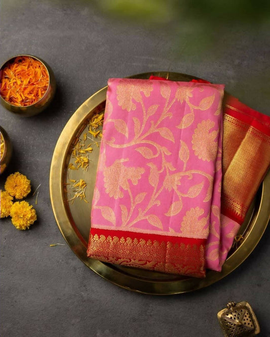 DEIANA'S Beautiful Designer Golden zari Soft Lichi Silk Saree - Pink - Swadesiicart
