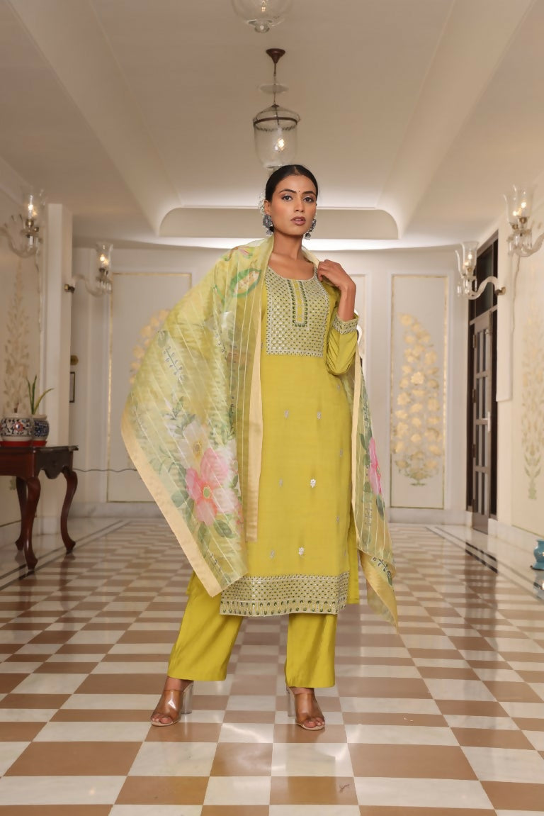 Jyoti Fashion Women's Light Yellow Cotton Silk Floral Print with Embroidered Kurta Set | Swadesiicart