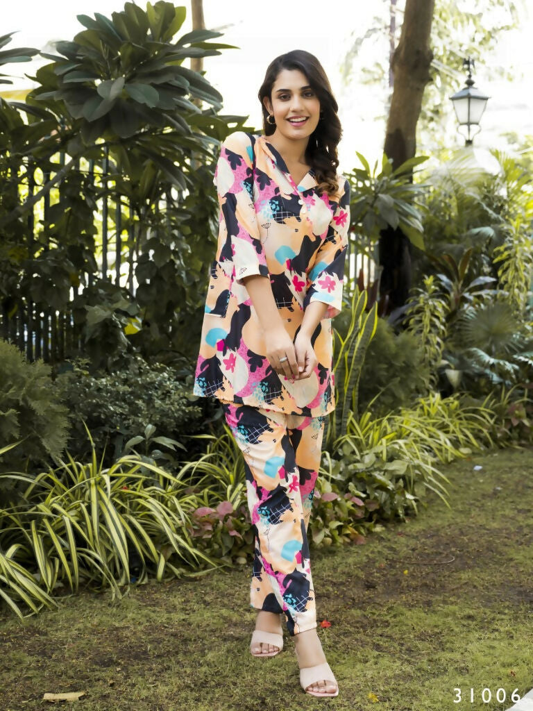 Casual Fashionable Multi Muslin Cotton co-ord set - Manya - Swadesiicart