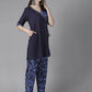 Ahalyaa Women Navy Blue Rayon Wax Printed Angrakha Gotta Patti Tunic With Trousers | Swadesiicart