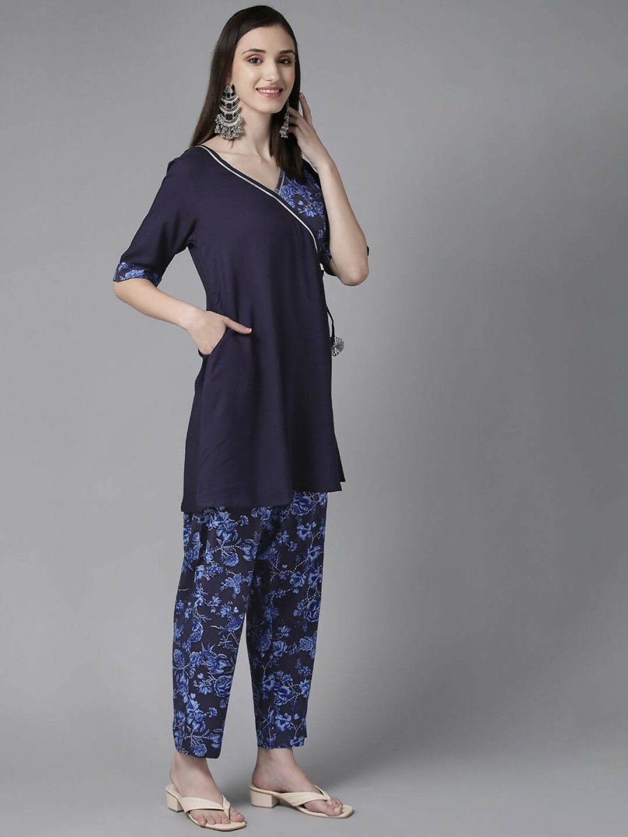 Ahalyaa Women Navy Blue Rayon Wax Printed Angrakha Gotta Patti Tunic With Trousers | Swadesiicart
