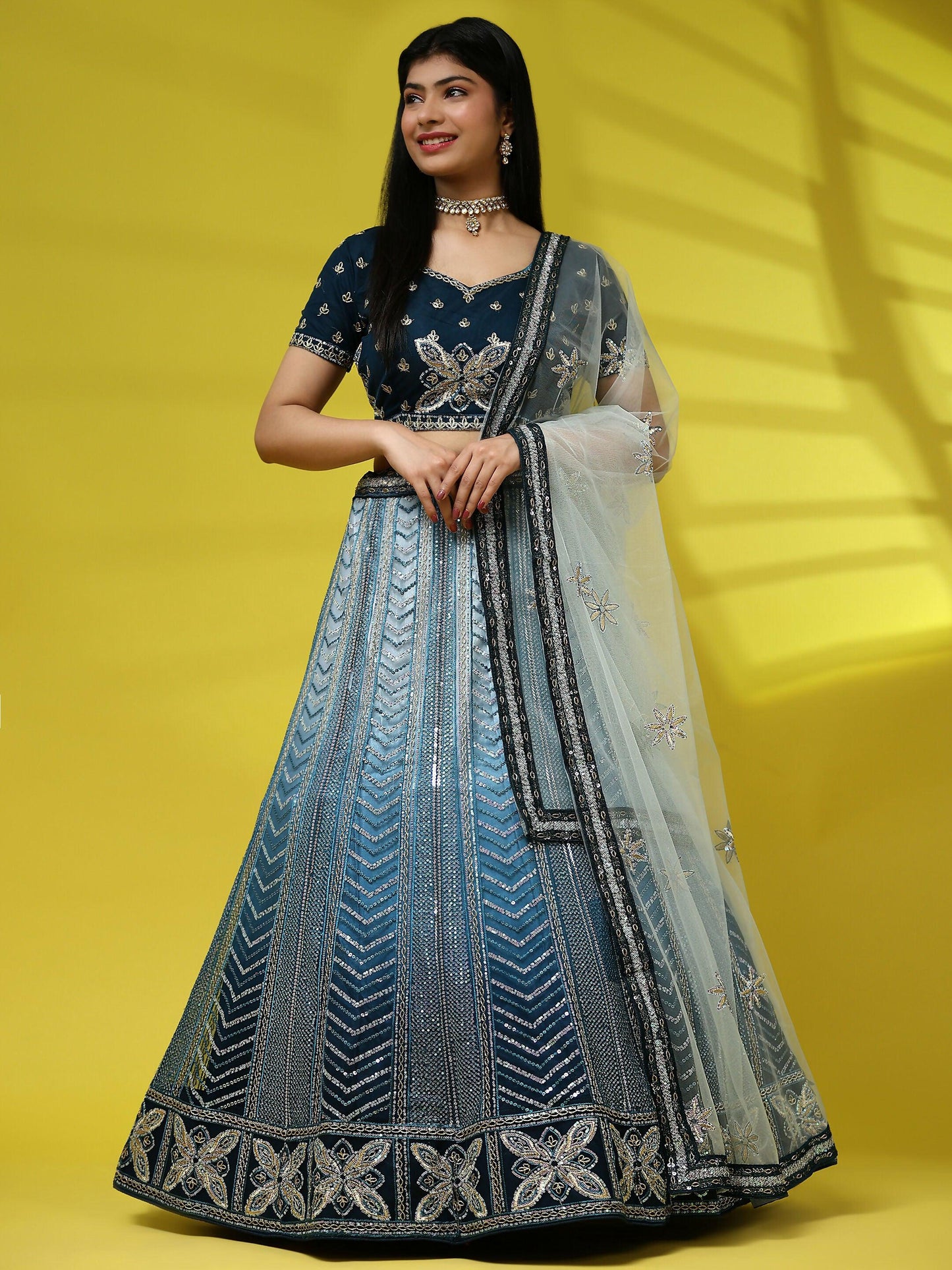 Blue Fancy Net Sequence Embroidered Lehenga Choli with Dupatta - Dhara | Swadesiicart