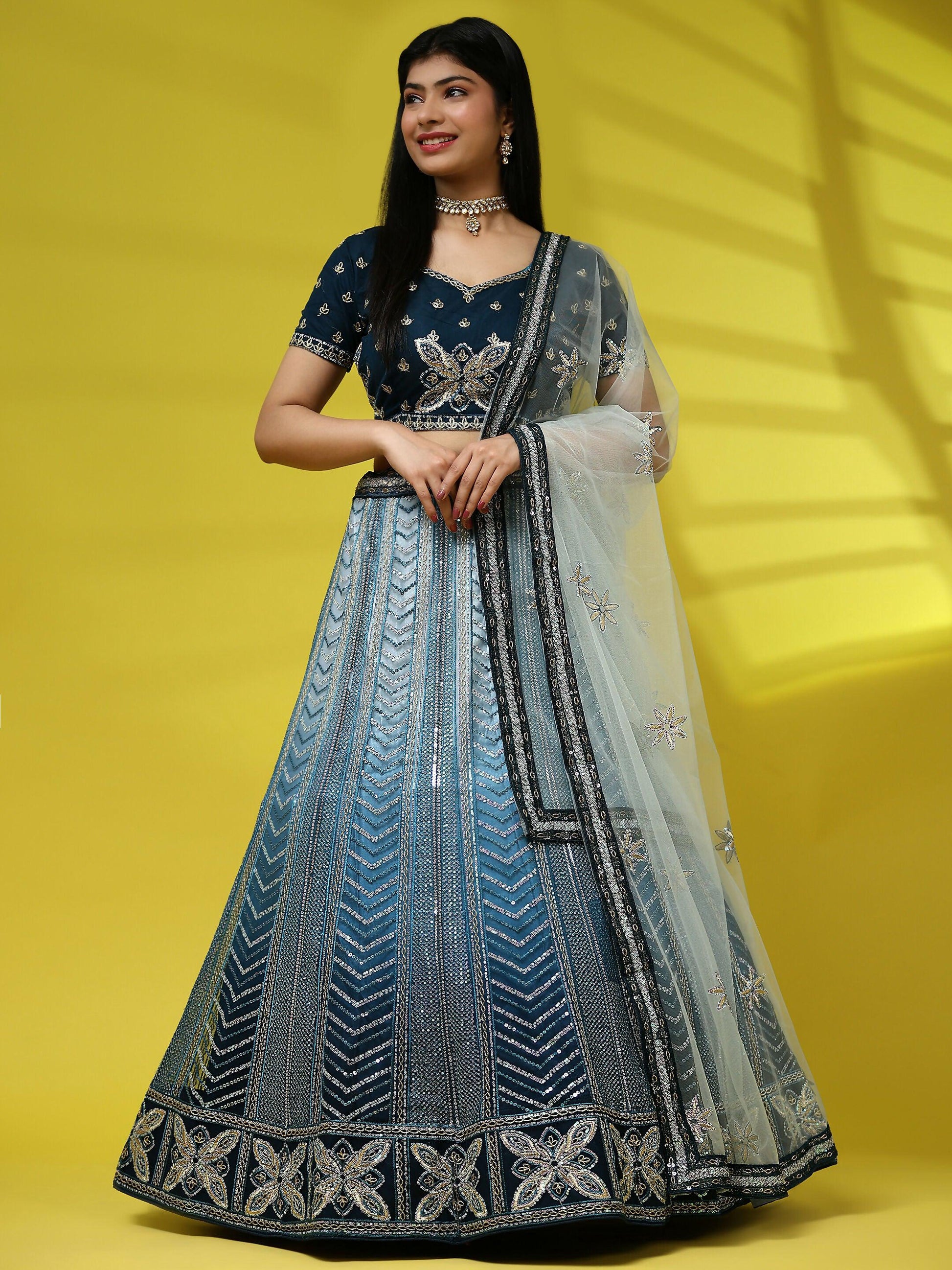Blue Fancy Net Sequence Embroidered Lehenga Choli with Dupatta - Dhara | Swadesiicart