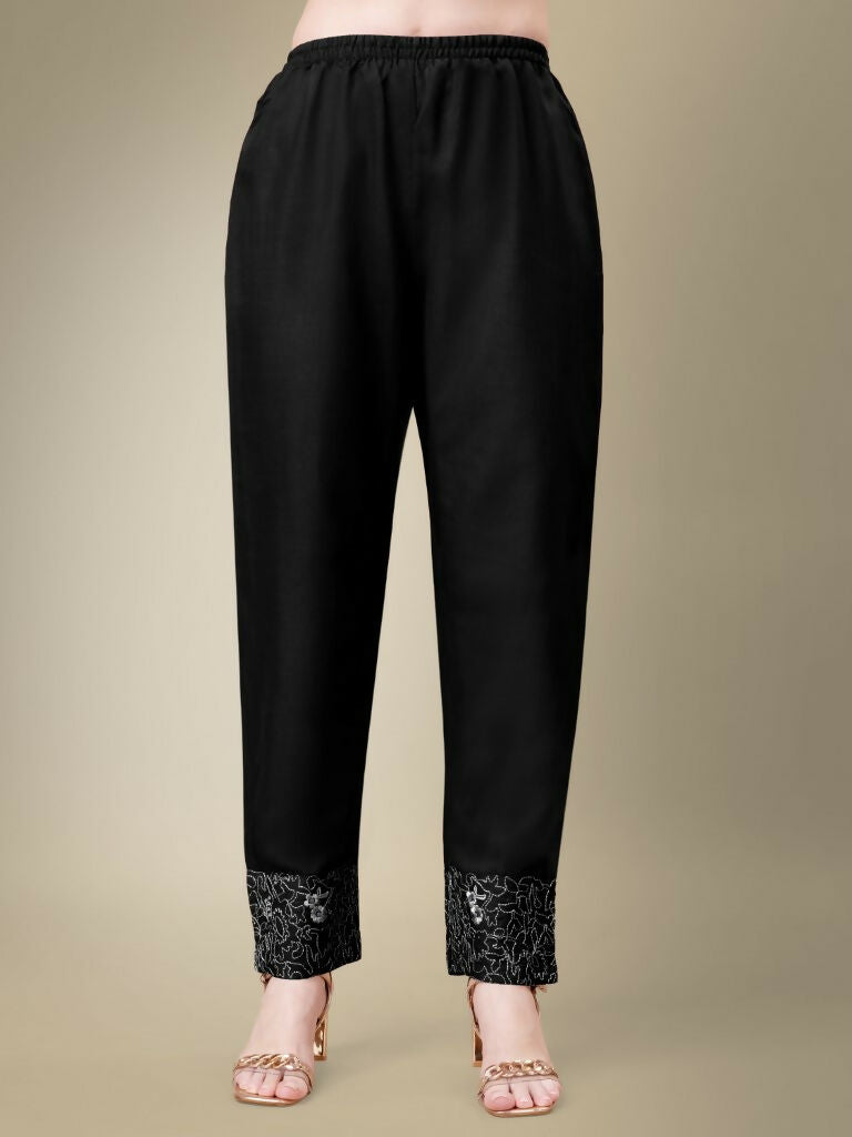 Jyoti Fashion Women's Black Cotton Blend Embroidery & Fancy Lace work Kurta with Trouser & Dupatta | Swadesiicart