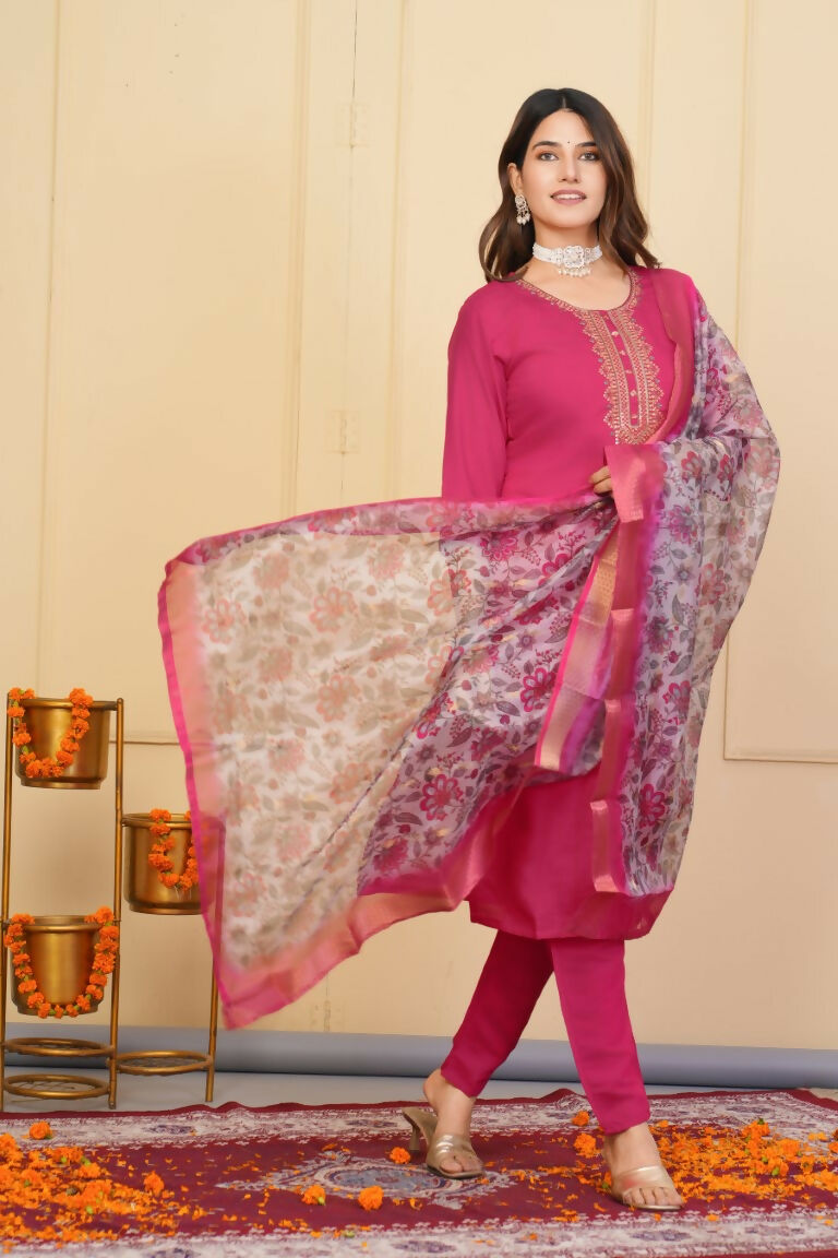 Red Viscose Chanderi Embroidered Stitched Suit With Dupatta - Tanisha | Swadesiicart