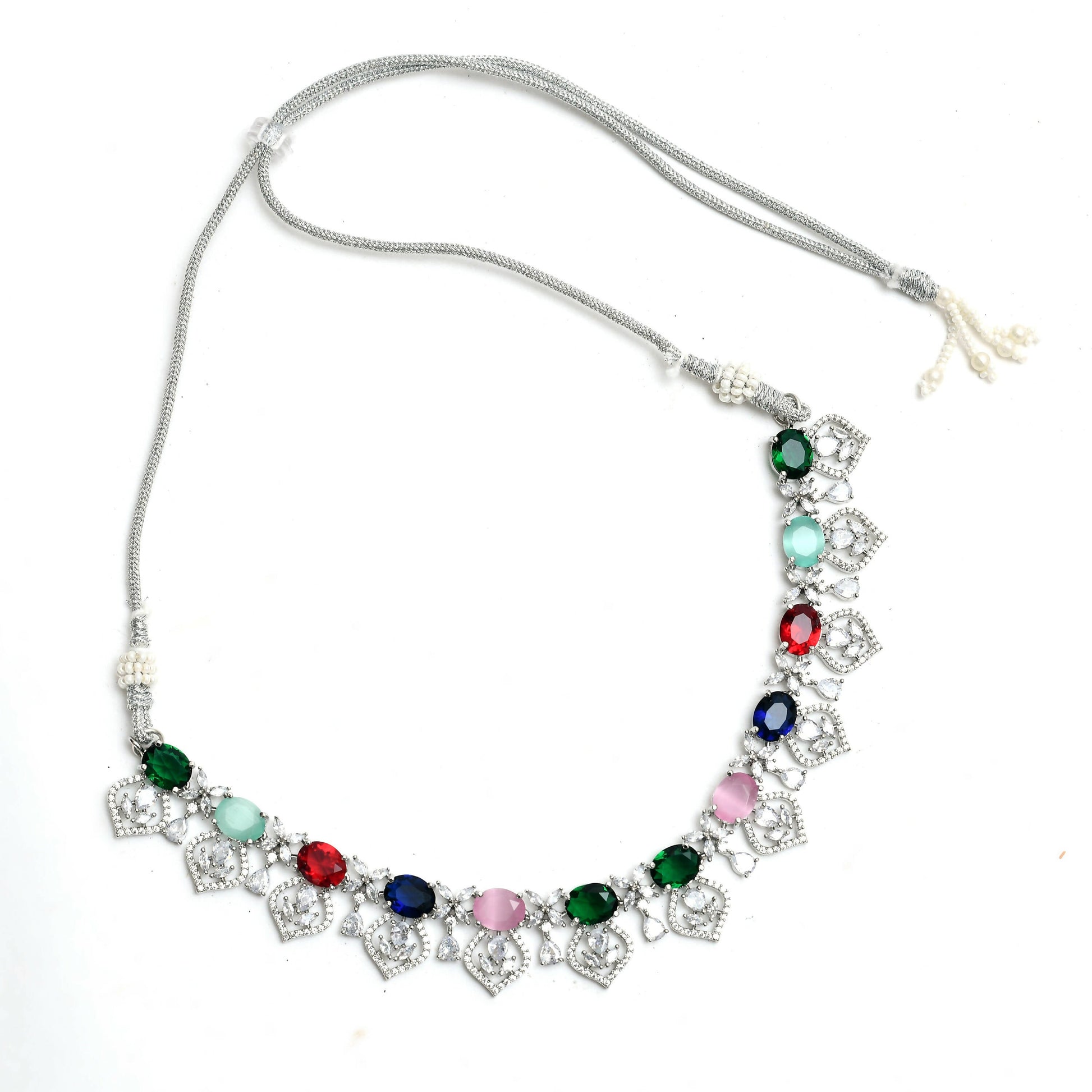 Mominos Fashion Johar Kamal Silver-Plated American Diamond Multi Colour Choker Set | Swadesiicart