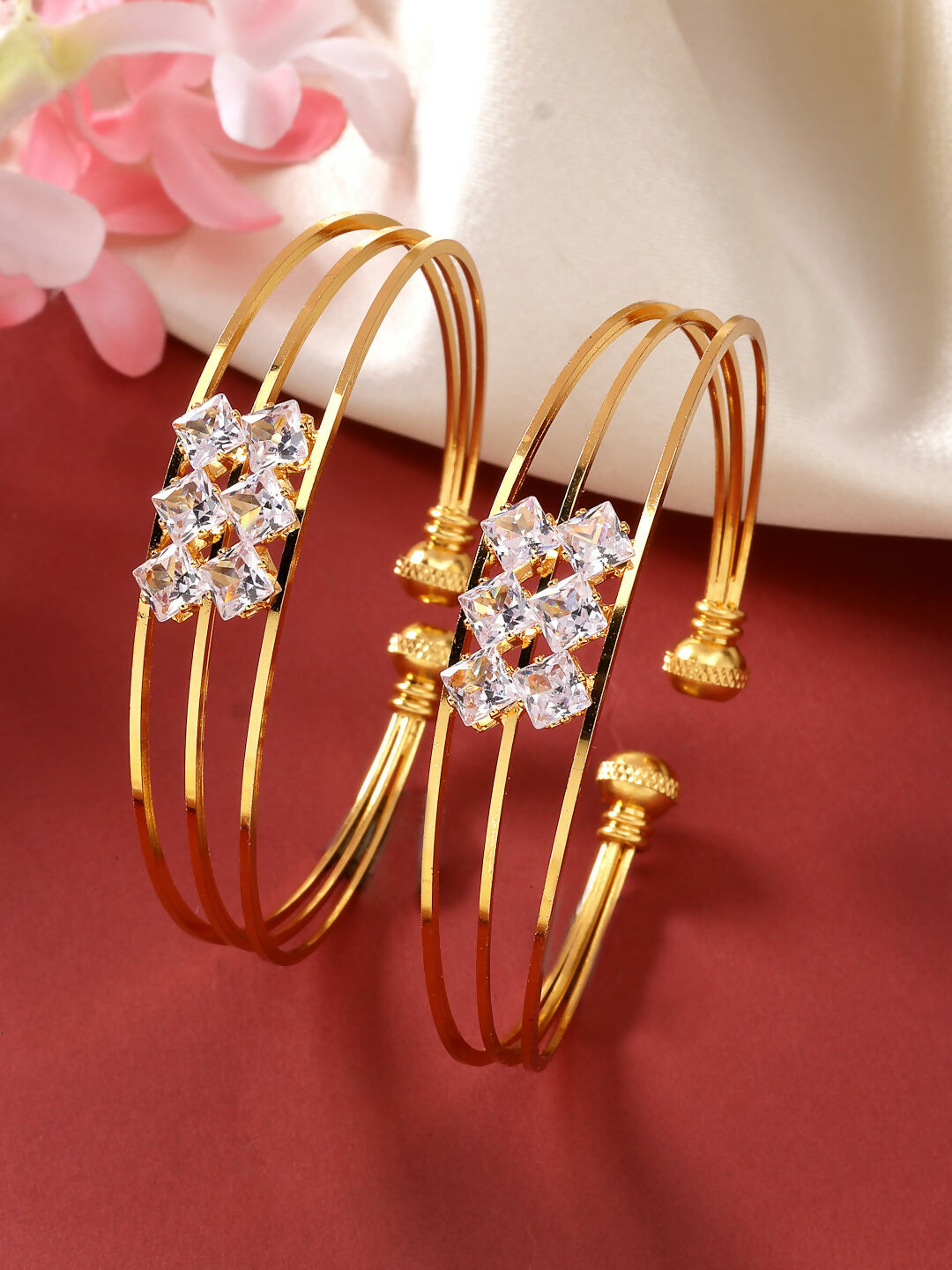 NVR Women's Set of 2 Gold-Polished CZ Stone-Studded Adjustable Bangles - Swadesiicart