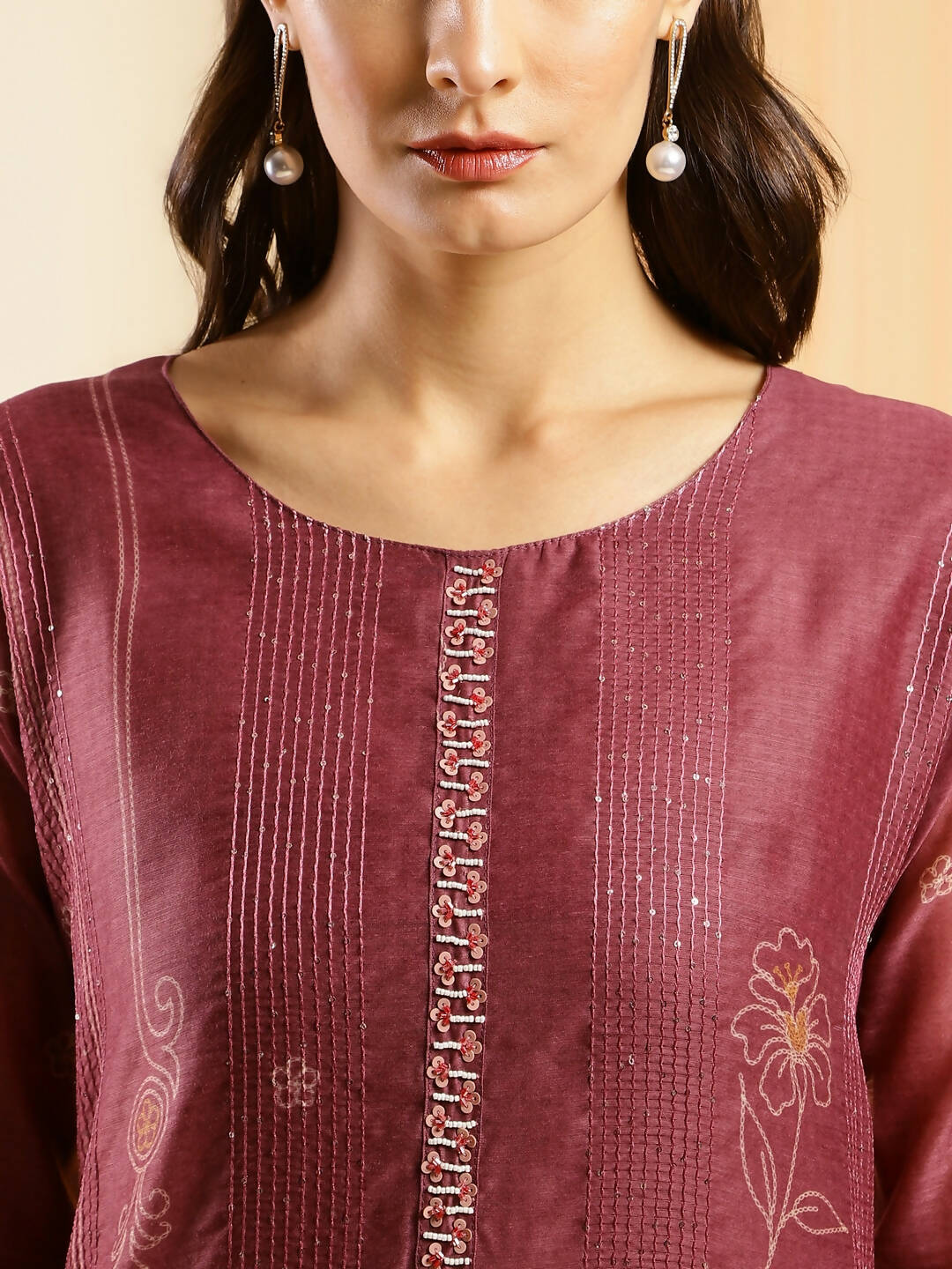 Maroon Chinon Digital Printed With Hand Work Kurta - Himanshi - Swadesiicart