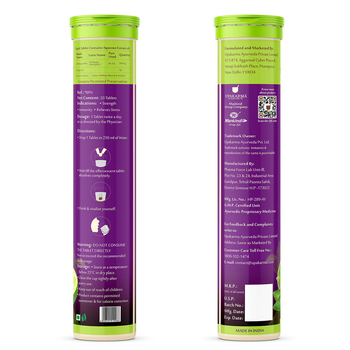 Upakarma Ayurveda Ashwagandha Effervescent Tablets - Lemon Flavour | Swadesiicart