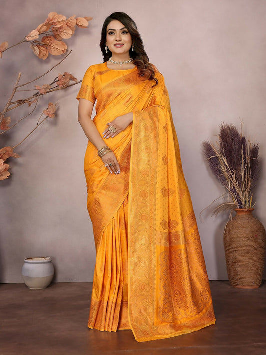 Joban Fashion Banarasi Orange Woven Soft Silk Saree | Swadesiicart