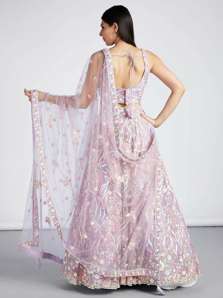 House of Panchhi Mauve Net Sequins And Thread Embroidery Lehenga Choli & Dupatta | Swadesiicart