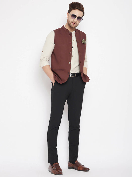Even Apparels Maroon Merino Men Woven Nehru Jacket | Swadesiicart